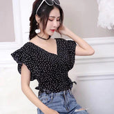 V-Neck Polka Dot Printed Short Sleeve Ruffles Blouse Shirt